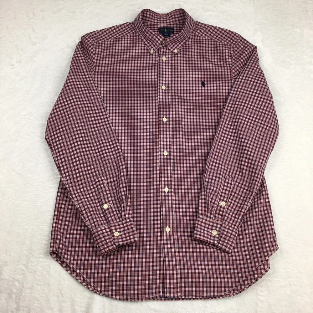 Ralph Lauren‎ Shirt Boys XL (18-20) Burgundy Micro-Plaid Blue Pony